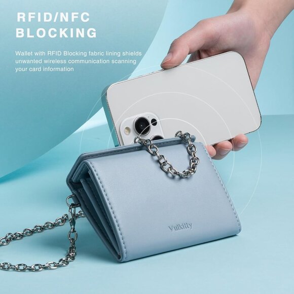 Women Blue Minimalist Magnetic Closure Pouch Change Wallet with Chain Strap - Picture 6 of 6